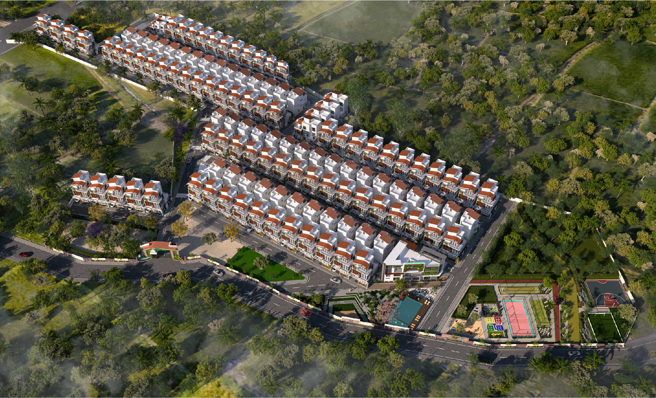 Aerial view of Life on the Green villas, showcasing sustainable living and green spaces