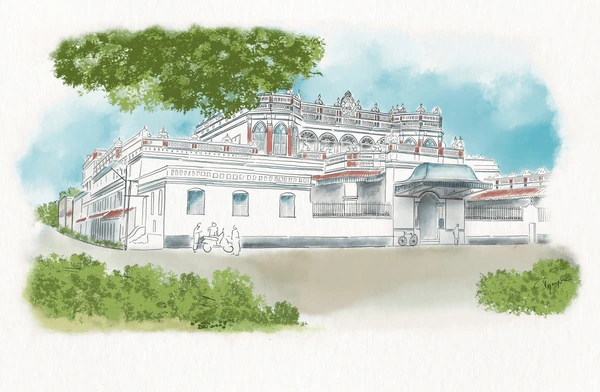 Hand-drawn sketch of Chettinad Palace showcasing detailed architecture