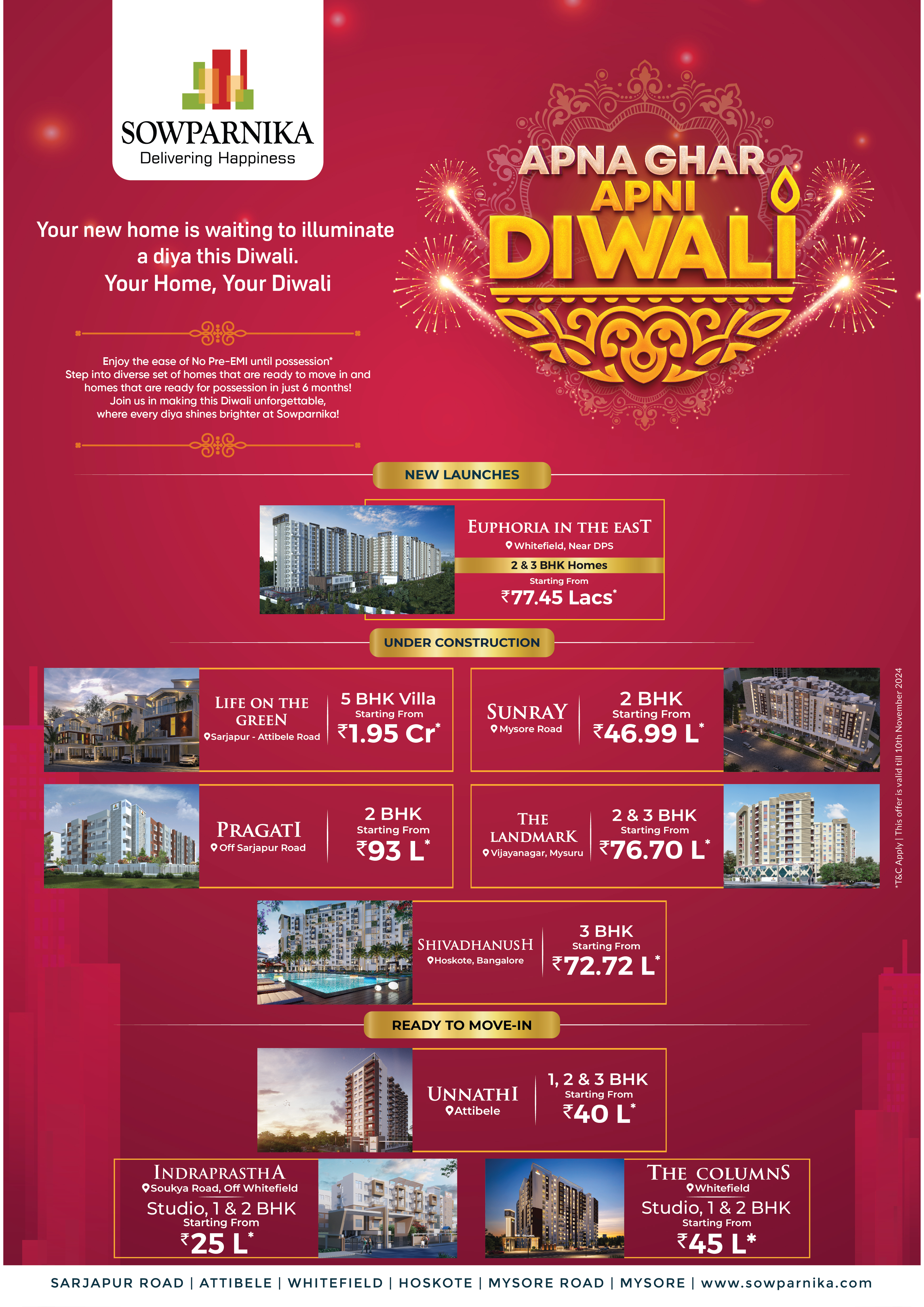 Sowparnika 2024 - Apna Ghar, Apni Diwali. Book your dream home with No Pre EMI scheme, lowest down payment, and exciting festive rewards. Celebrate Diwali with your own home!