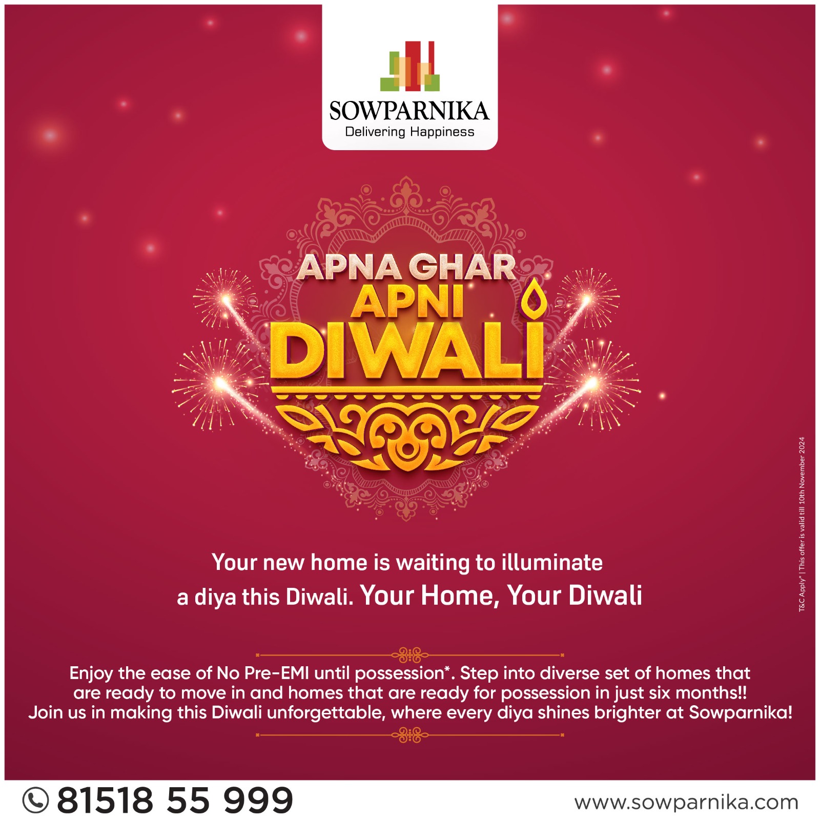 Celebrate Diwali with Sowparnika - Experience festive magic in your new home with exclusive offers, furnished homes, and no pre-EMI until possession. Join us this Diwali!